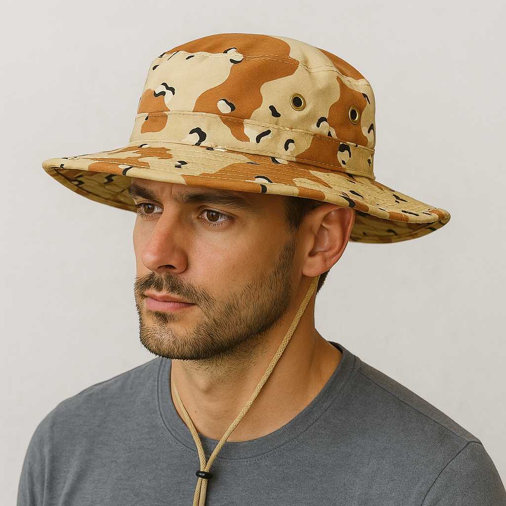 Un homme porte le Bob Safari avec ficelle.