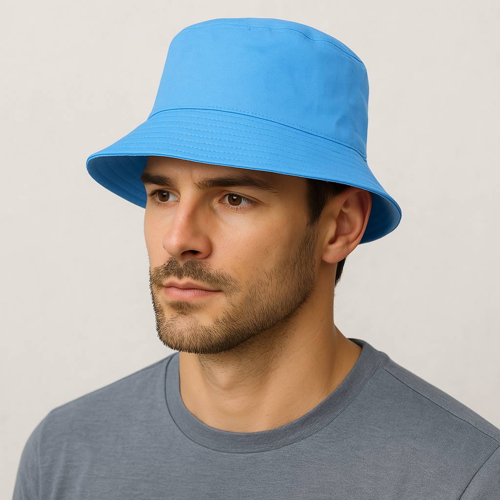 Un homme porte un Bob Bleu Ciel.