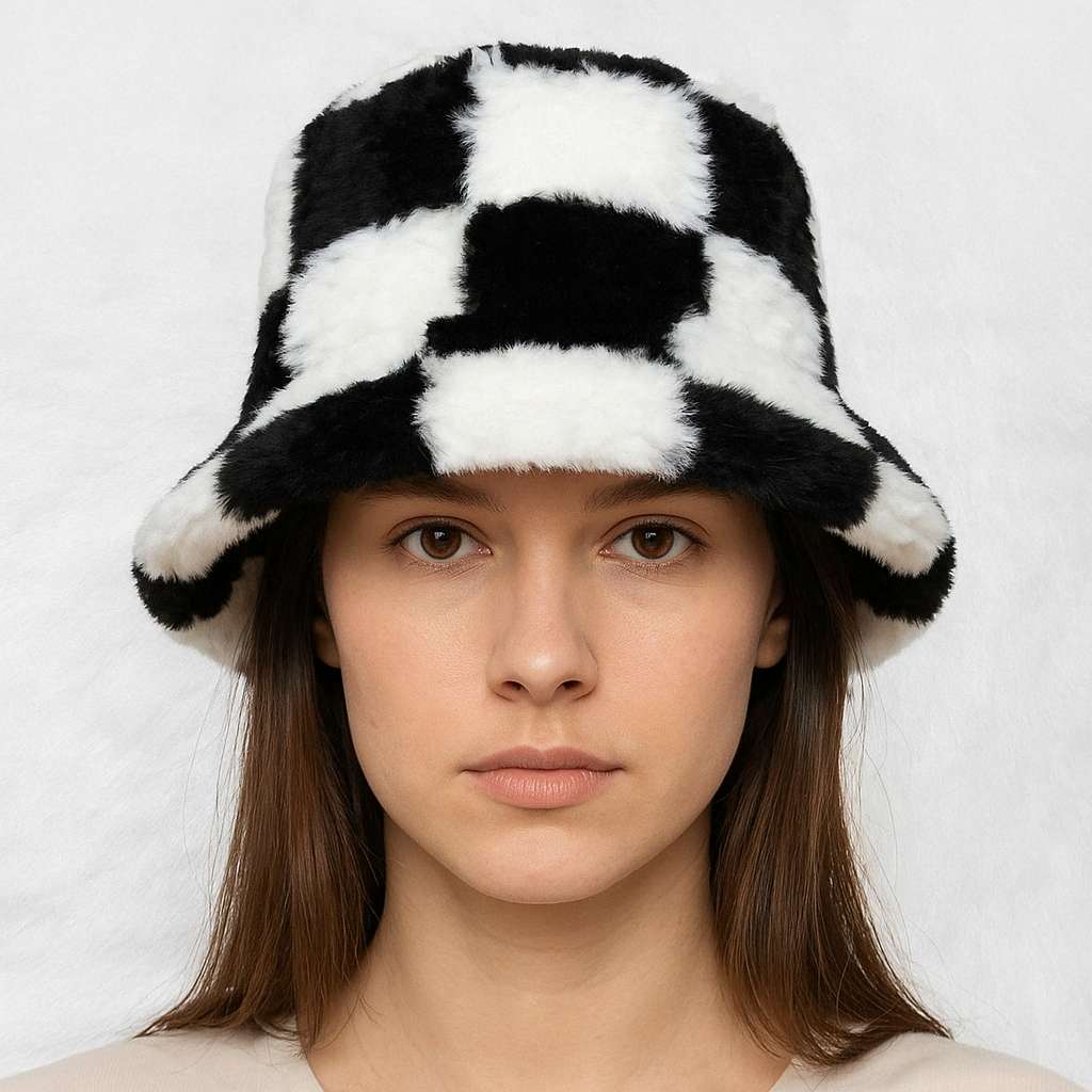 Une femme porte le Bob Fourrure à Carreaux