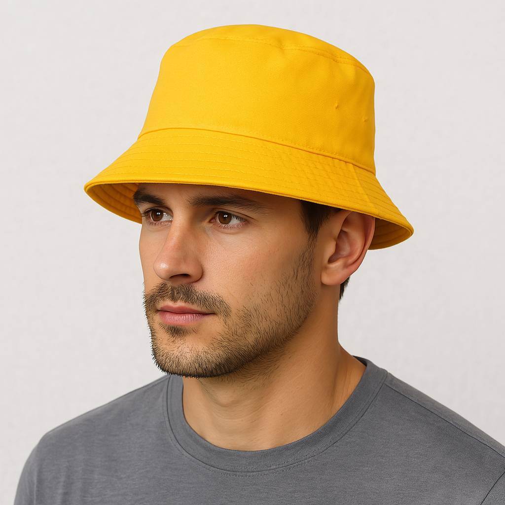 Un homme porte le Bob Jaune Uni .