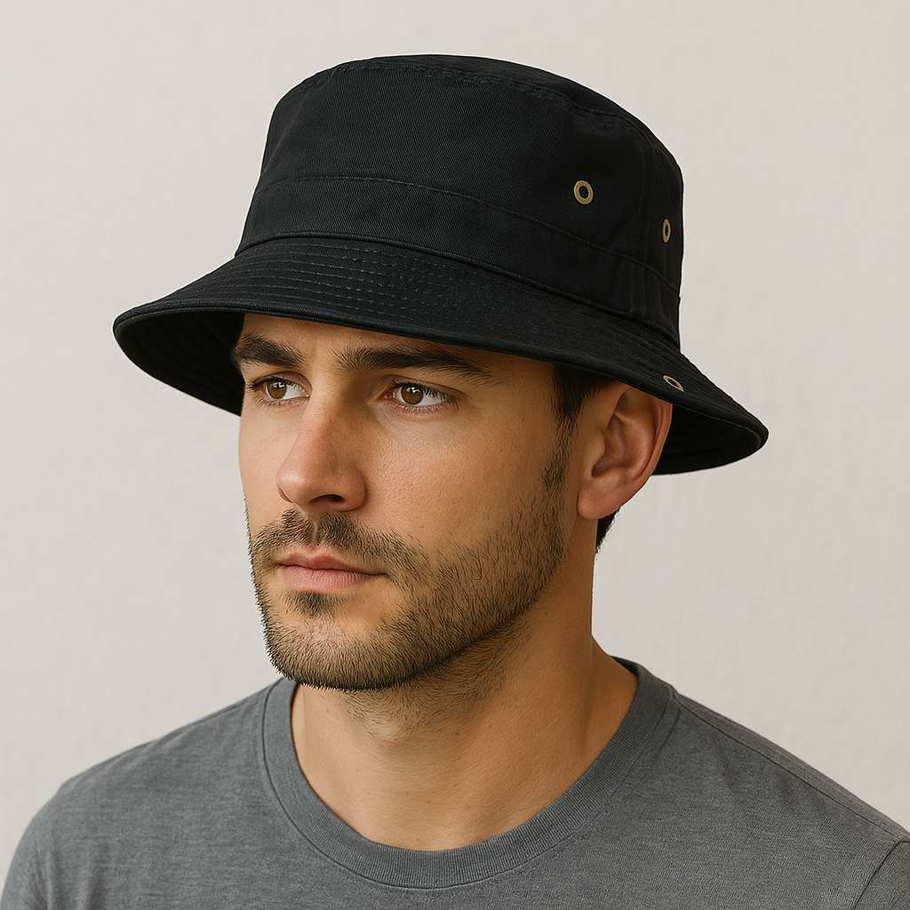 Un homme porte le Bob Noir Homme.