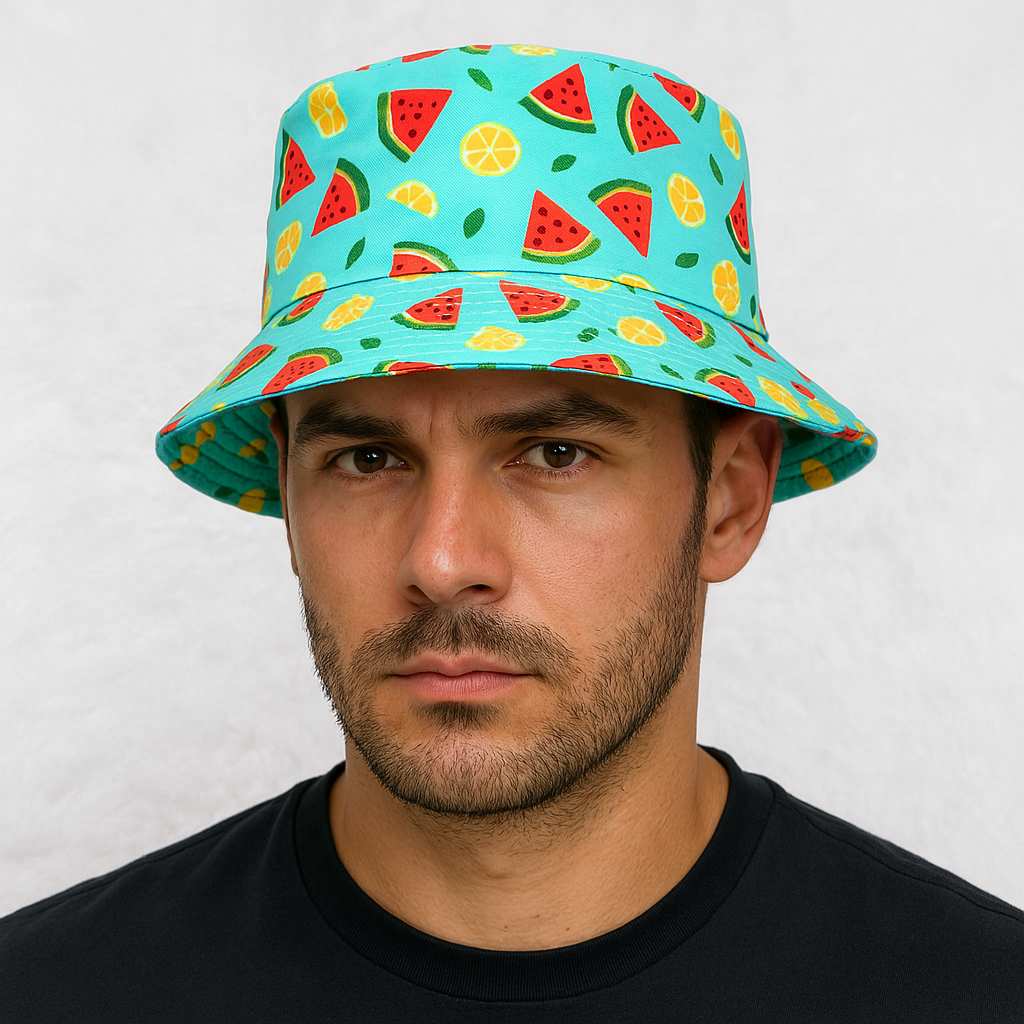 Un homme porte le bob pastèque