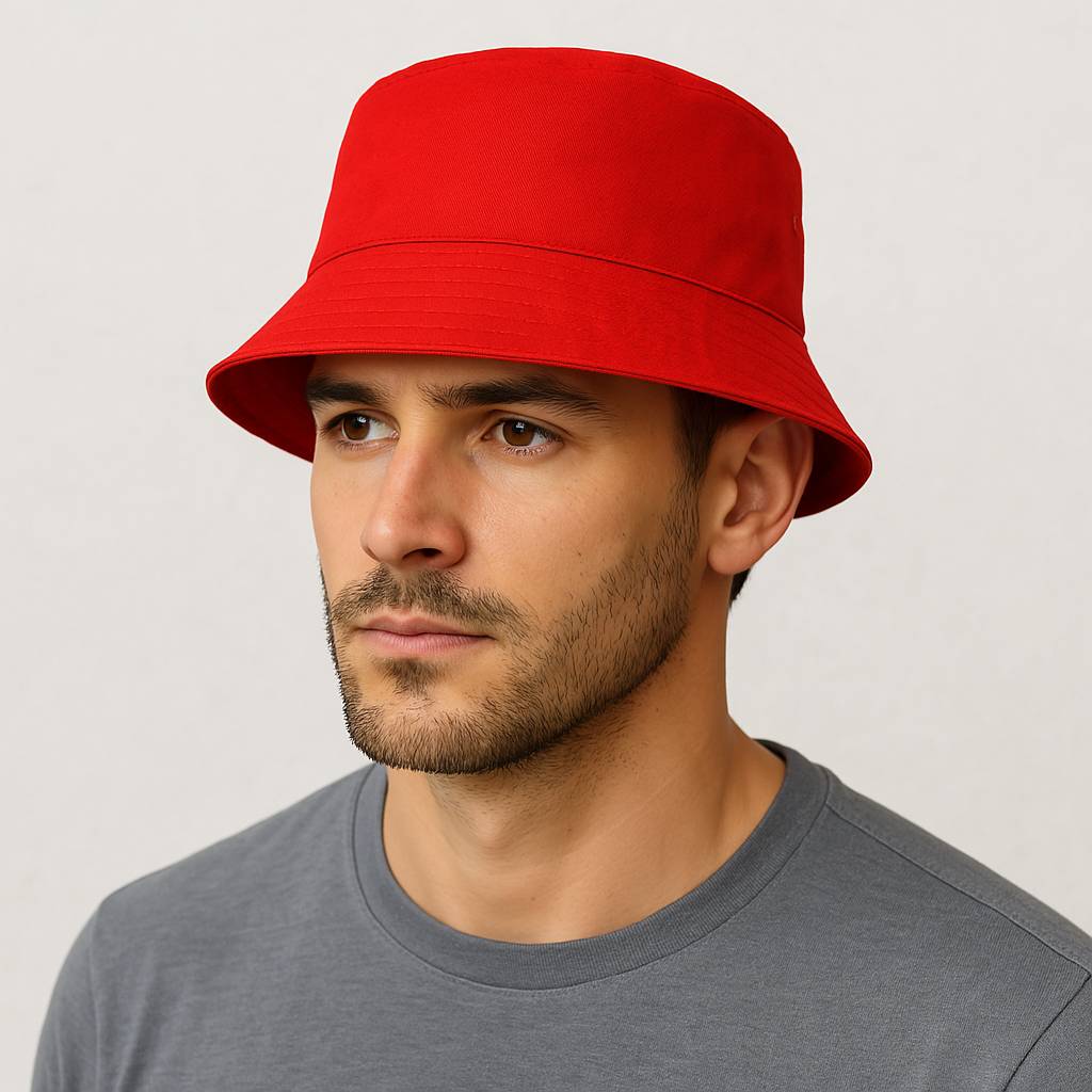 Un homme porte un Bob Rouge Homme.