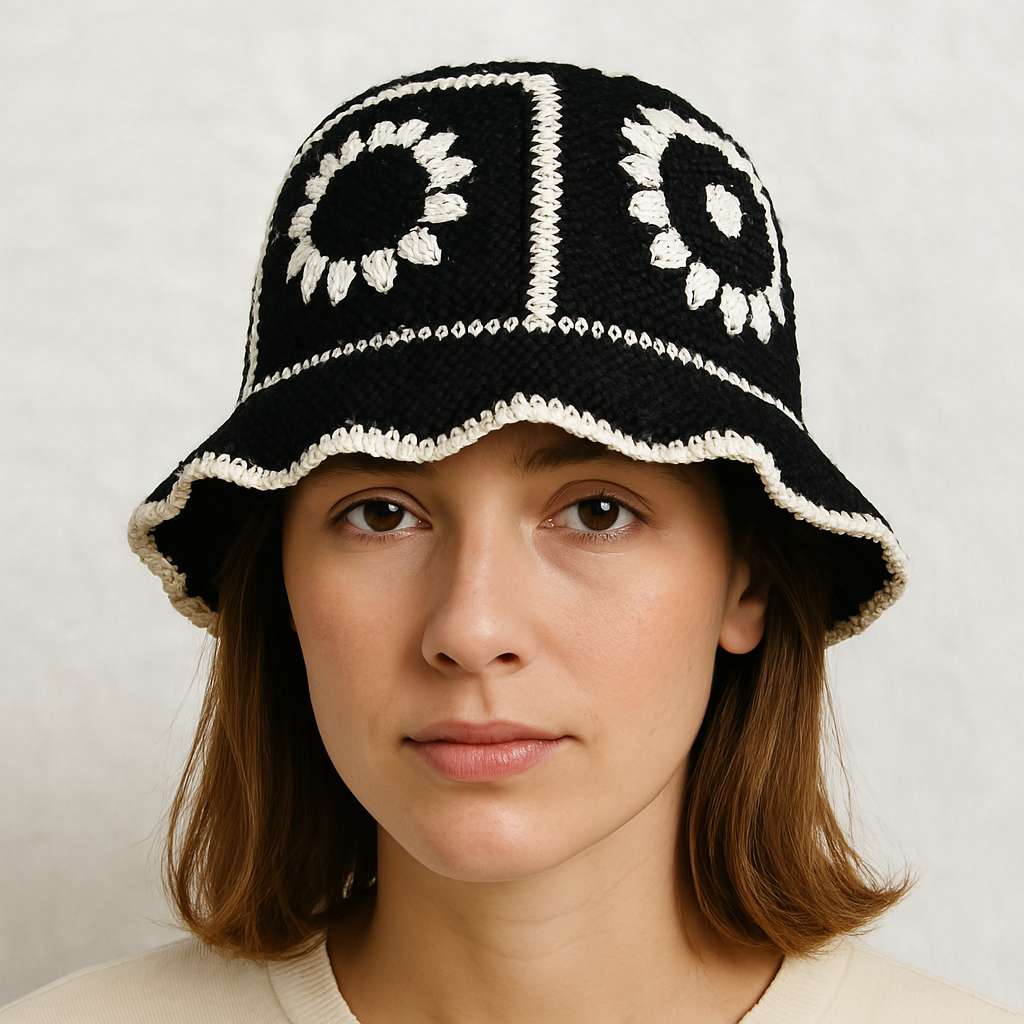 Une femme porte le Bob en Tricot Noir et Blanc