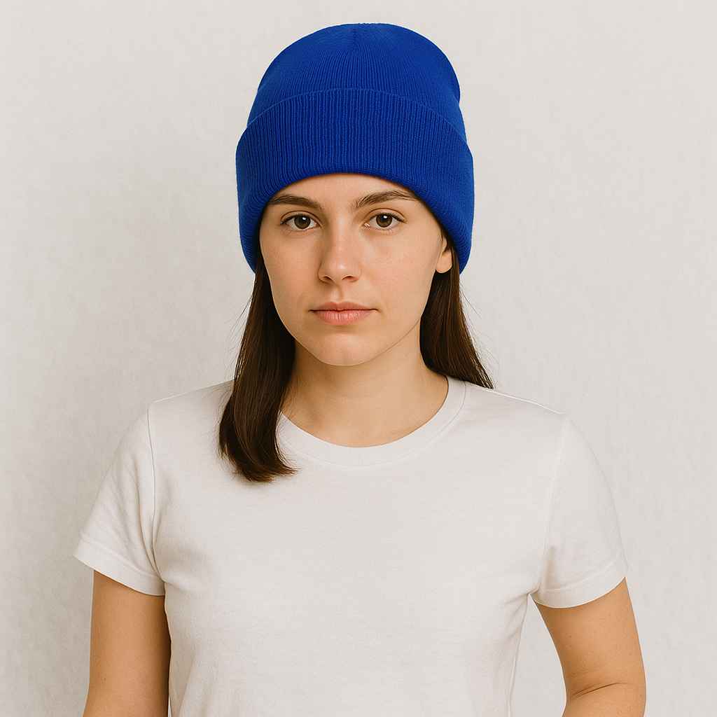 Une femme porte le Bonnet Bleu Marine