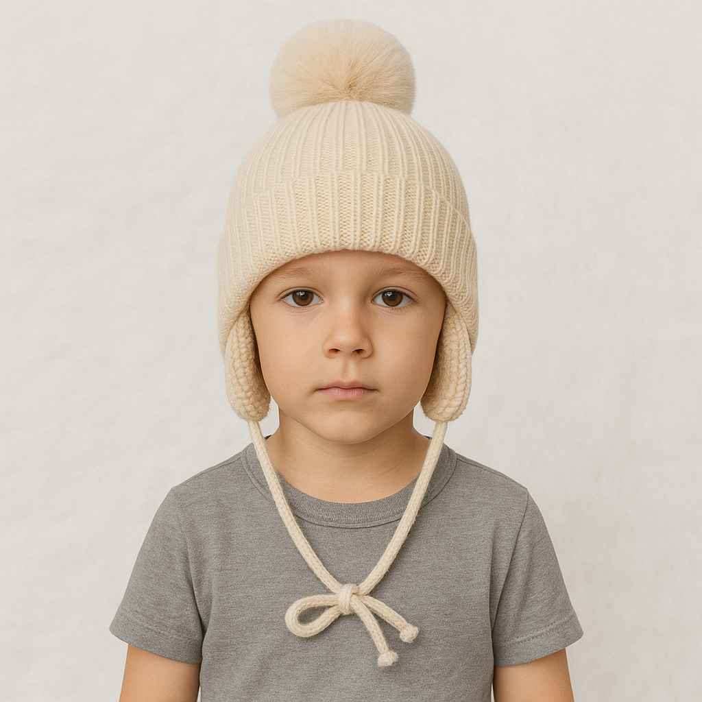 Un garçon porte le Bonnet Cache Oreille Beige à Pompon pour Enfant