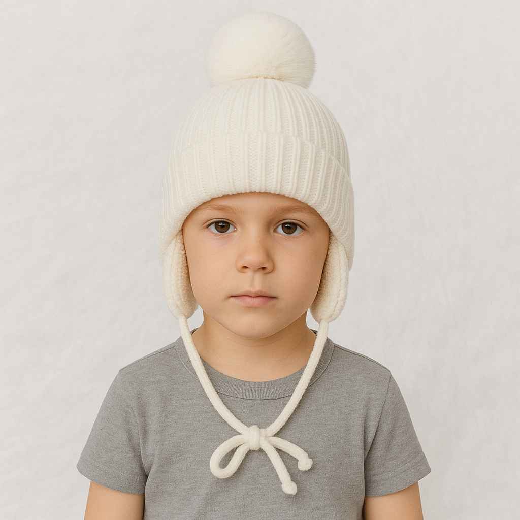 Un garçon porte le Bonnet Cache Oreille Blanc à Pompon pour Enfant