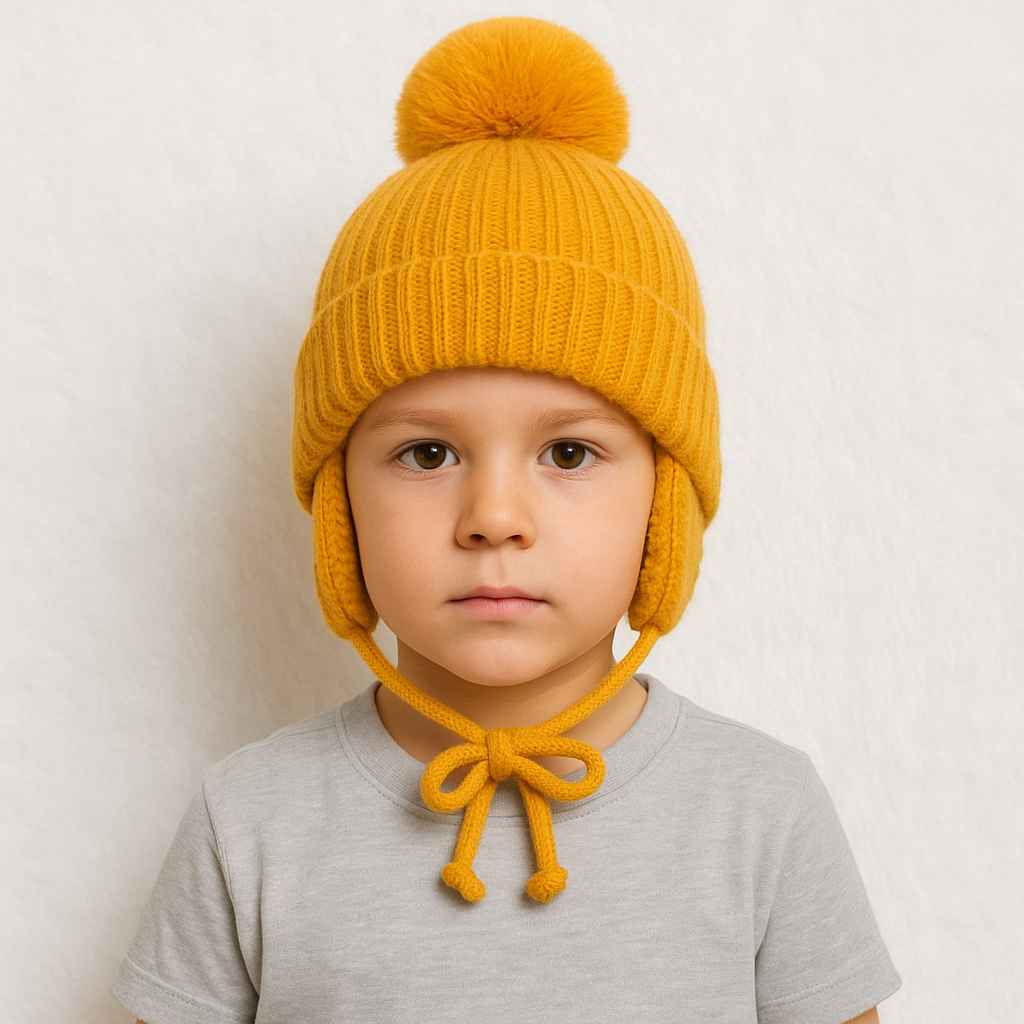 Un garçon porte le Bonnet Cache Oreille Jaune à Pompon pour Enfant