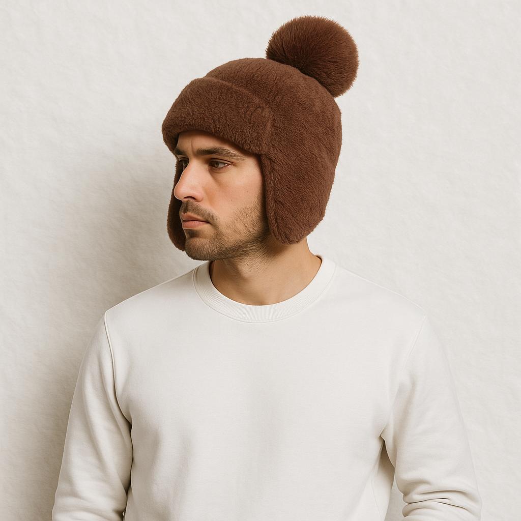 Un homme porte le Bonnet Cache Oreille Marron avec Pompon