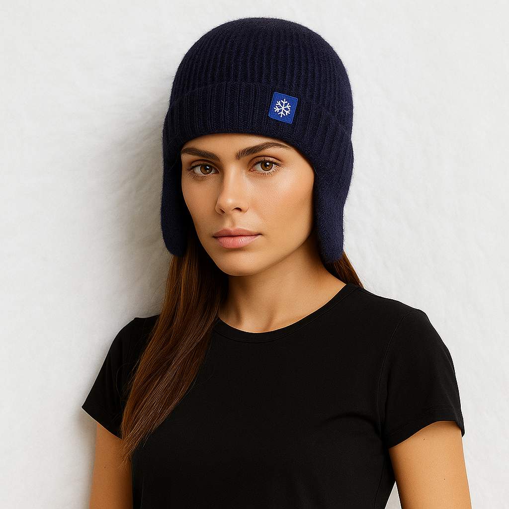 Une femme porte le Bonnet Cache Oreille en Laine Bleu Marine