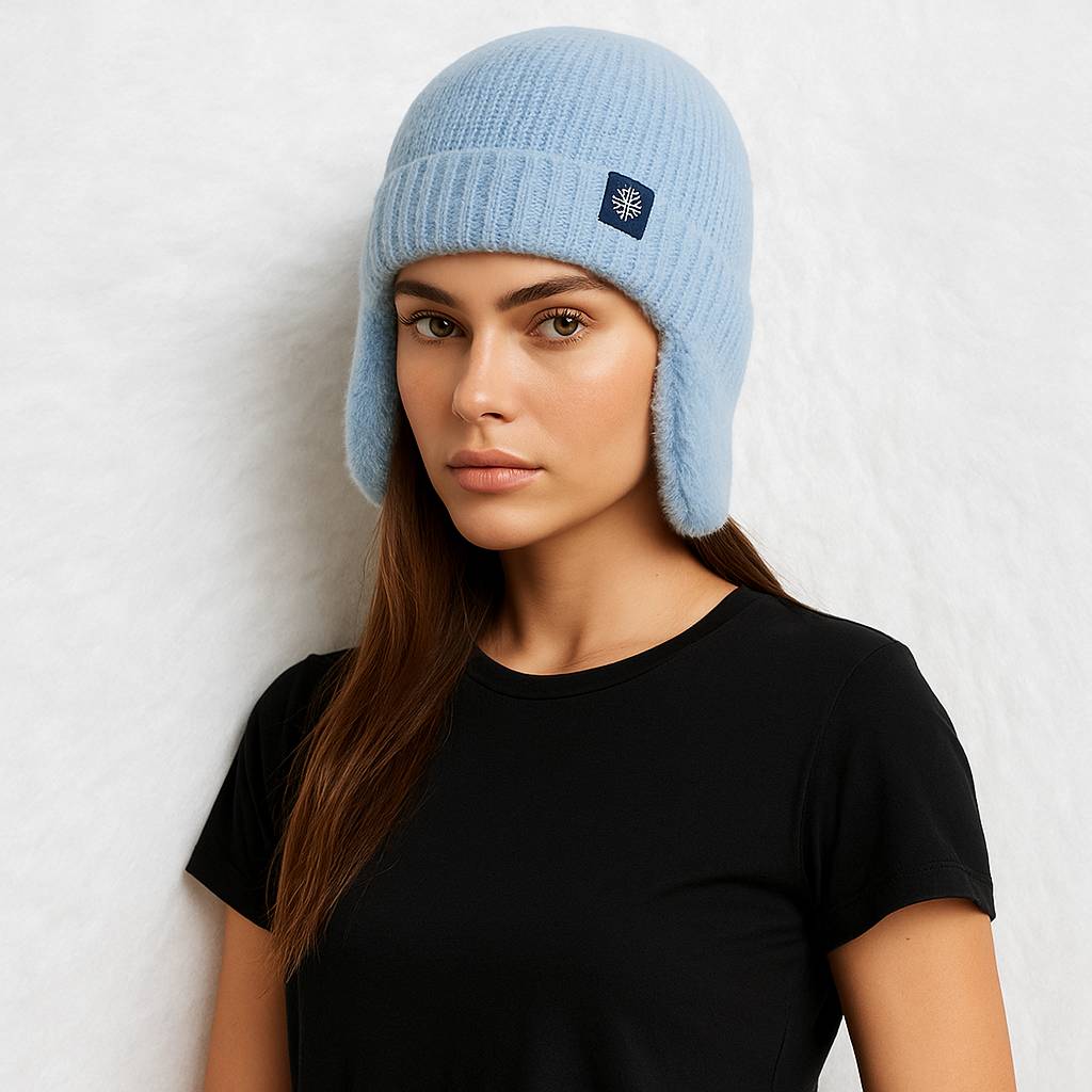 Une femme porte le Bonnet Cache Oreille en Laine Bleue