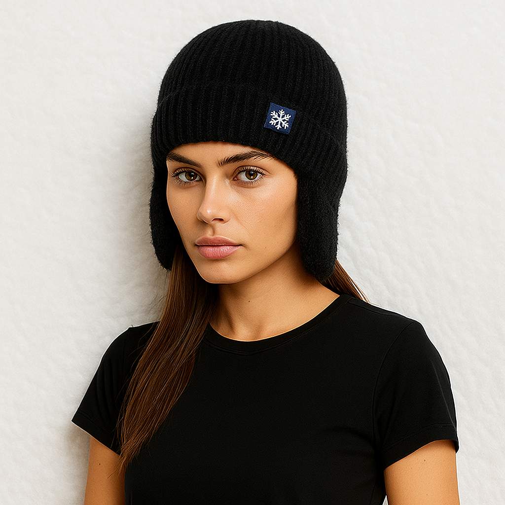 Une femme porte le Bonnet Cache Oreille en Laine Noire