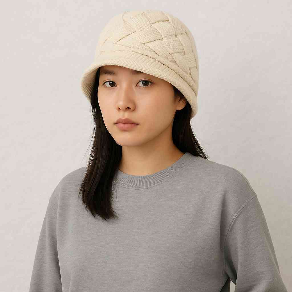Une femme porte le Bonnet Casquette Femme Beige