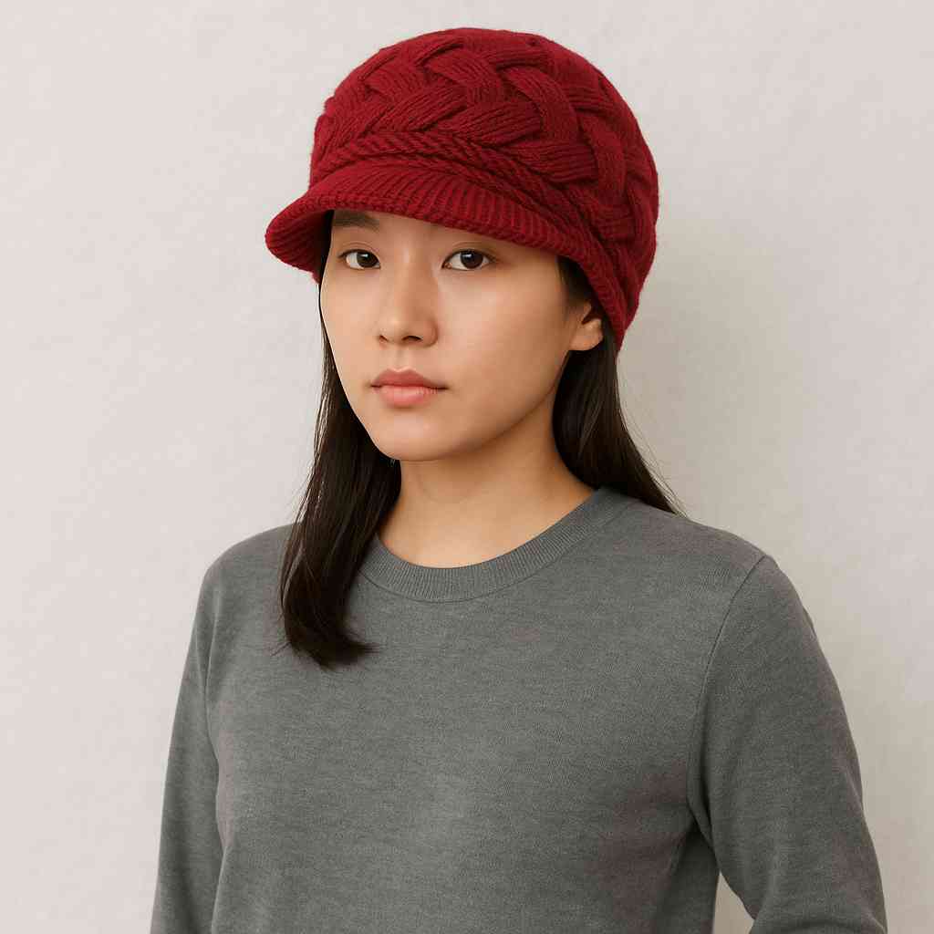 Une femme porte le Bonnet Casquette Femme Bordeaux