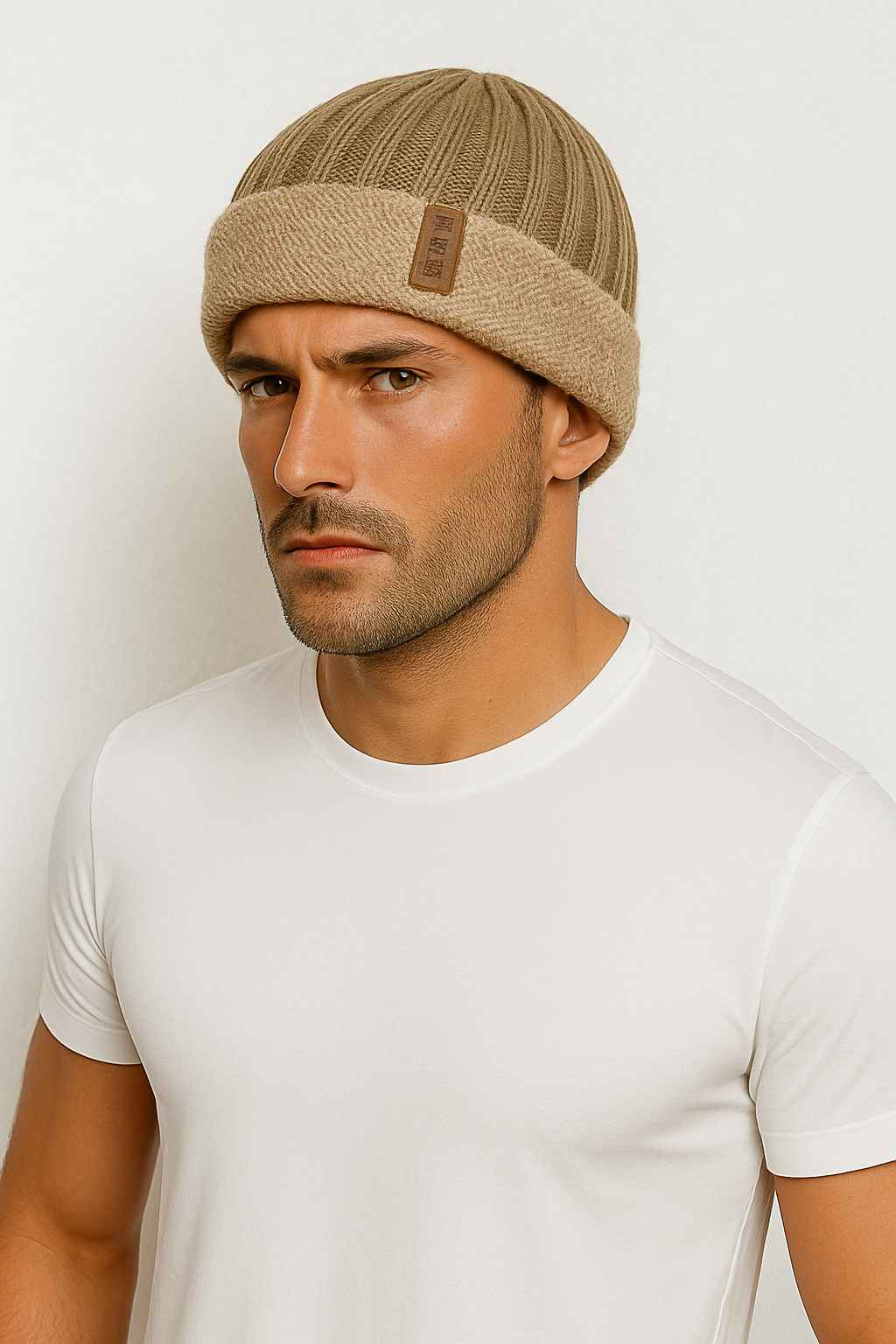 Un homme porte le Bonnet Chaud Beige