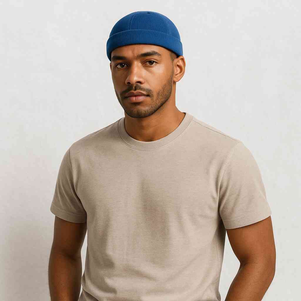 Un homme porte le Bonnet Docker Bleu