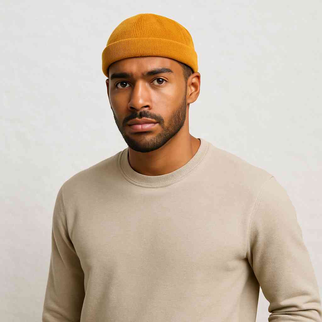 Un homme porte le Bonnet Docker Jaune Moutarde