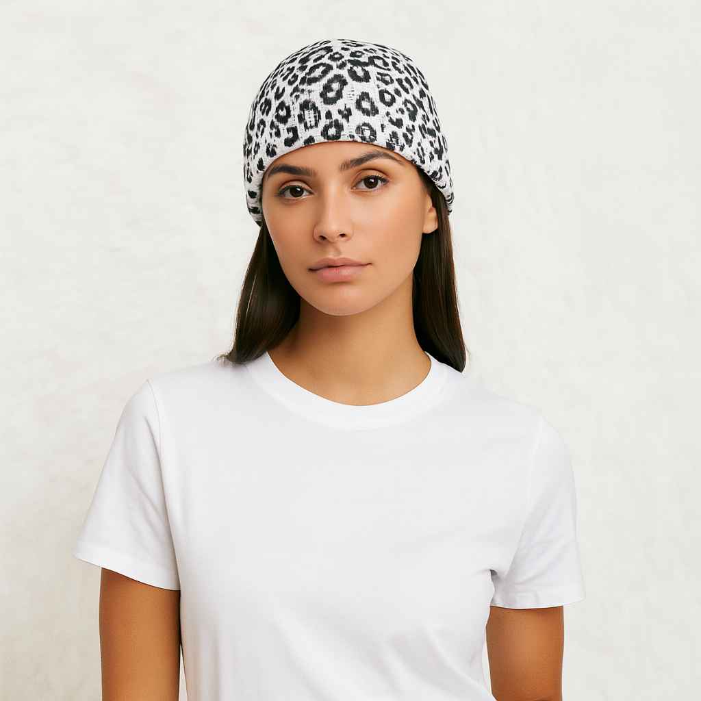 Une femme porte le Bonnet Léopard Blanc