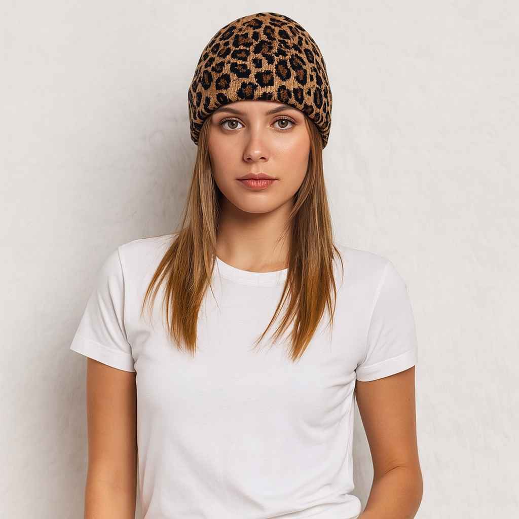Une femme porte le Bonnet Léopard Marron