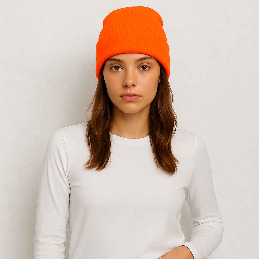 Une femme porte le Bonnet Orange Fluo