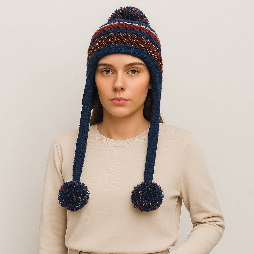 Une femme porte le Bonnet Péruvien Bleu