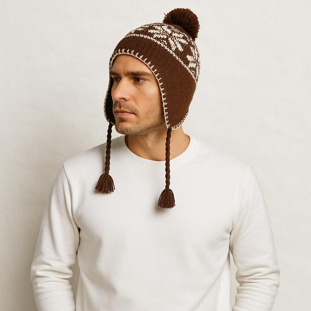 Un homme porte le Bonnet Péruvien à Pompon Marron