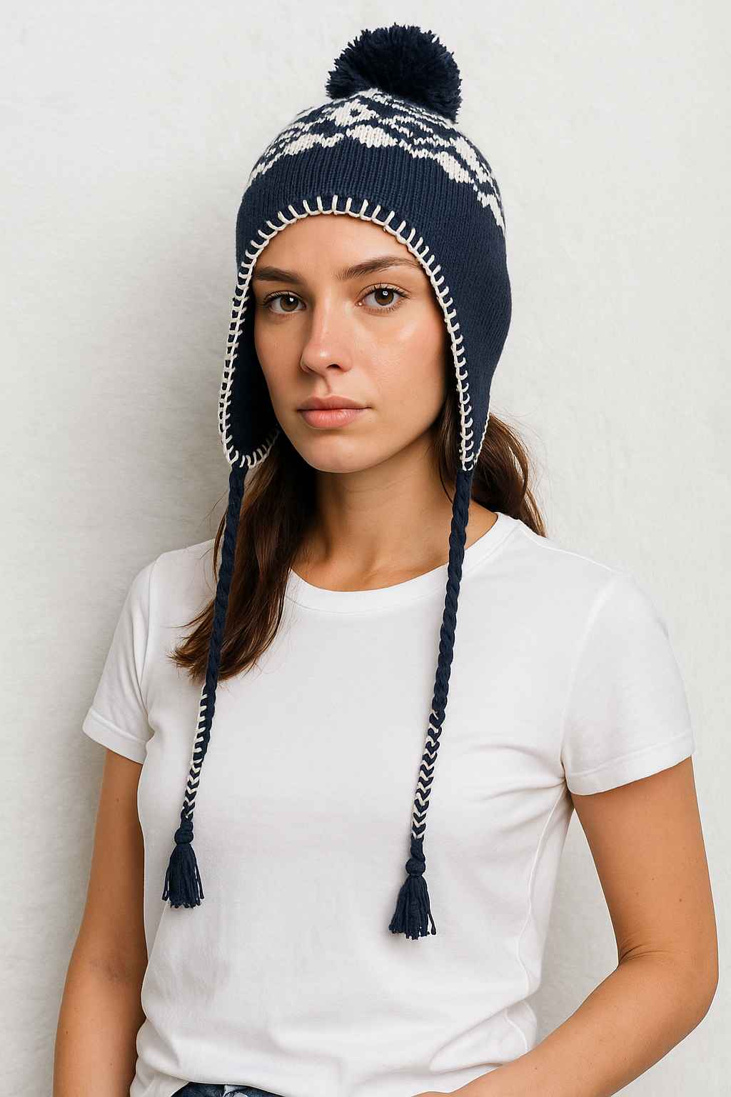 Une femme porte le Bonnet Péruvien à Pompon Noir