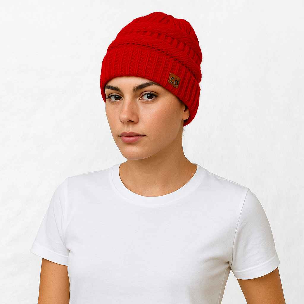 Une femme porte le Bonnet Queue de Cheval Rouge