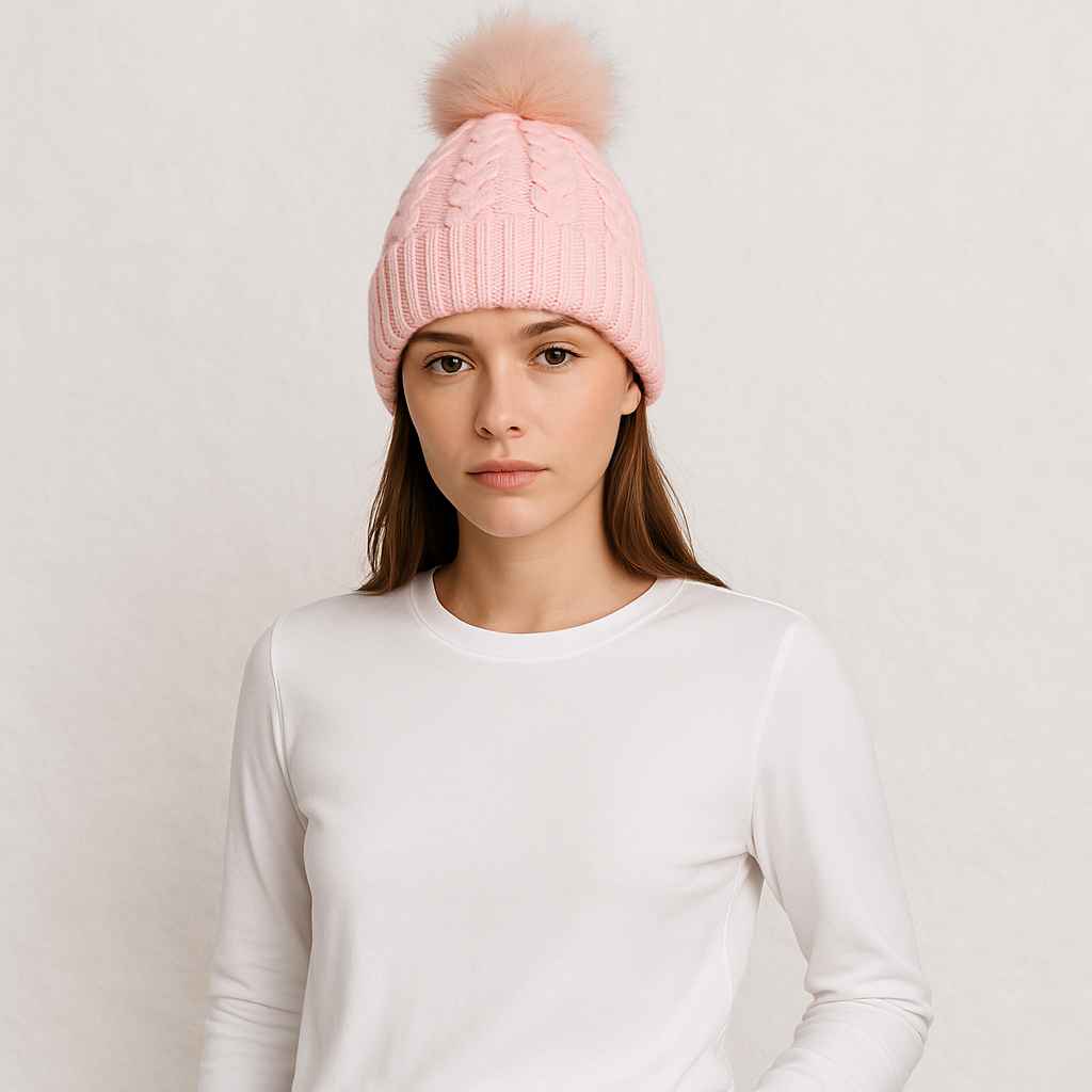 Une femme porte le Bonnet Rose Femme