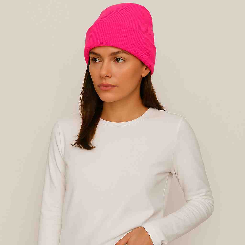 Une femme porte le Bonnet Rose Fluo