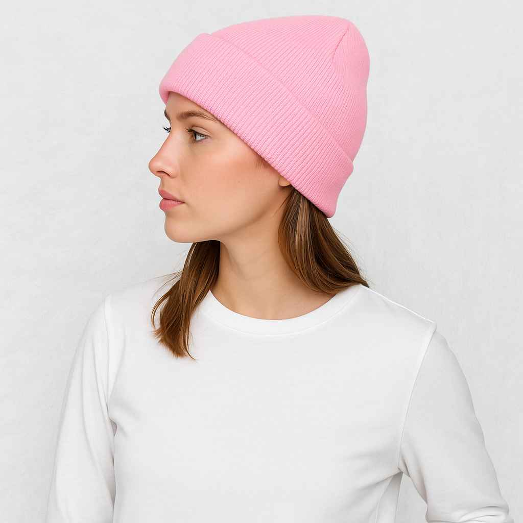 Une femme porte le Bonnet Rose Pâle