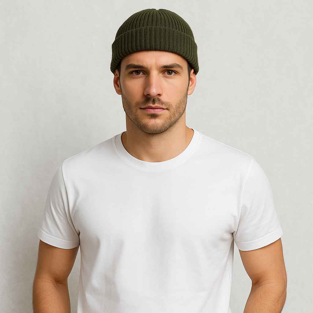 Un homme porte le Bonnet Vert Homme