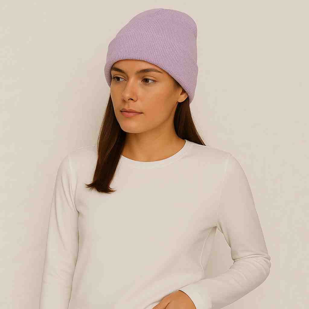 Une femme porte le Bonnet Violet Pastel