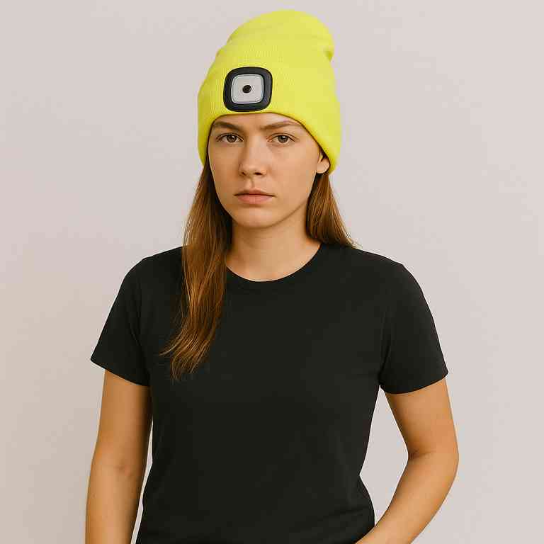 Une femme porte le Bonnet avec Lampe Frontale Jaune Fluo