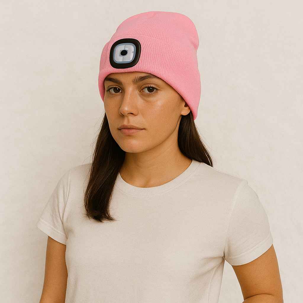 Une femme porte le Bonnet avec Lampe Frontale Rose