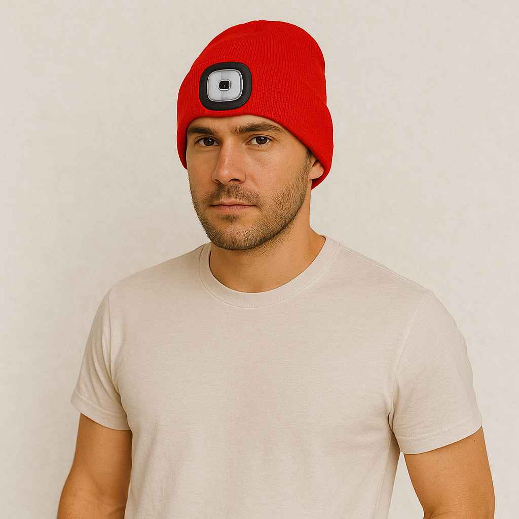 Un homme porte le Bonnet avec Lampe Frontale Rouge