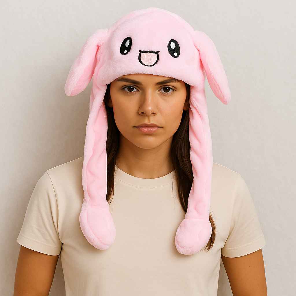 Une femme porte le Bonnet avec Oreille qui Bouge en Lapin Rose