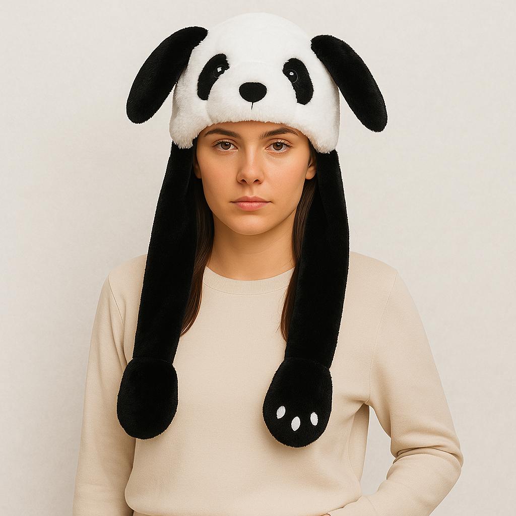 Une femme porte le Bonnet avec Oreilles qui Bouge en Panda