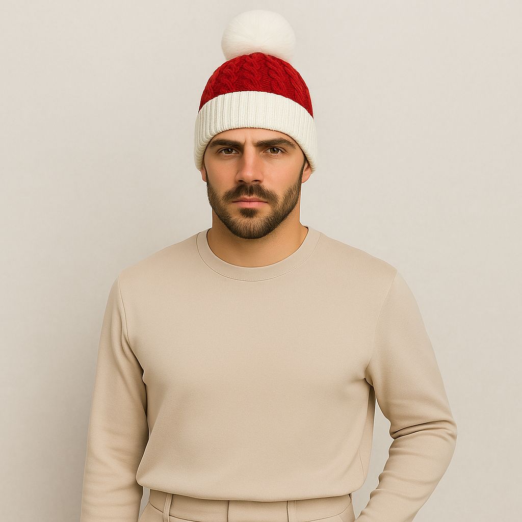 Un homme porte le Bonnet avec Pompon Rouge et Blanc