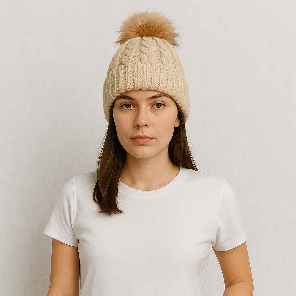 Une femme porte le Bonnet beige femme