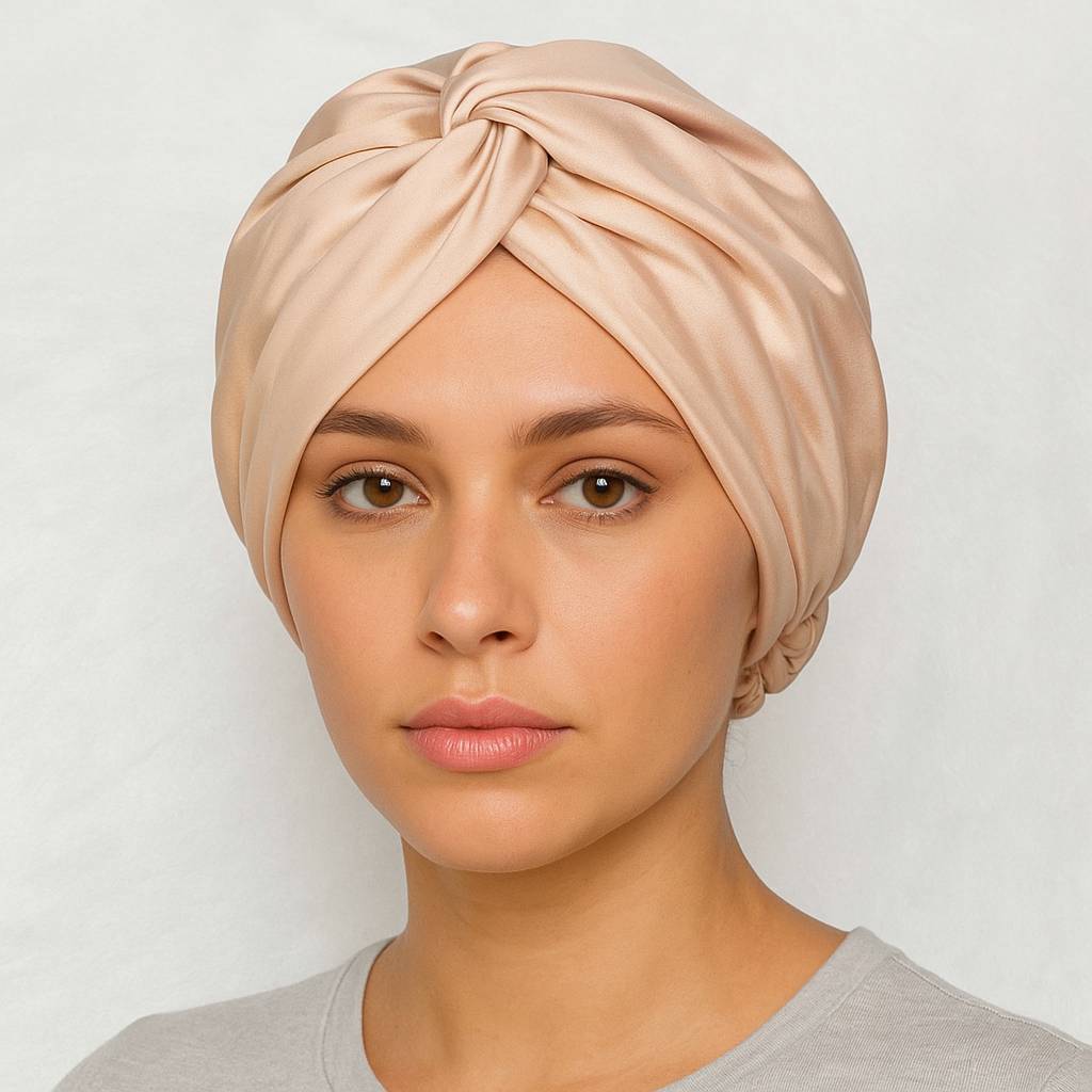 Une femme porte le Bonnet de Nuit en Satin Beige