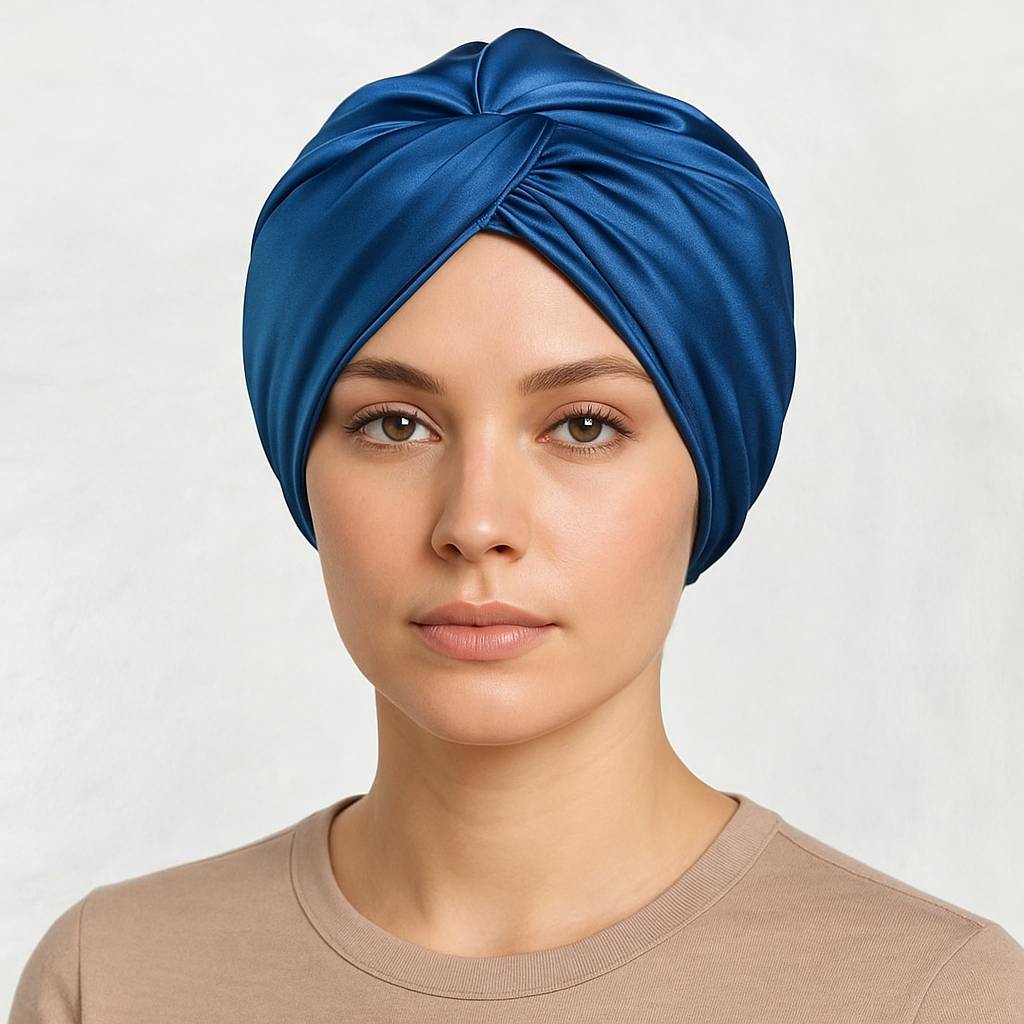 Une femme porte le Bonnet de Nuit en Satin Bleu