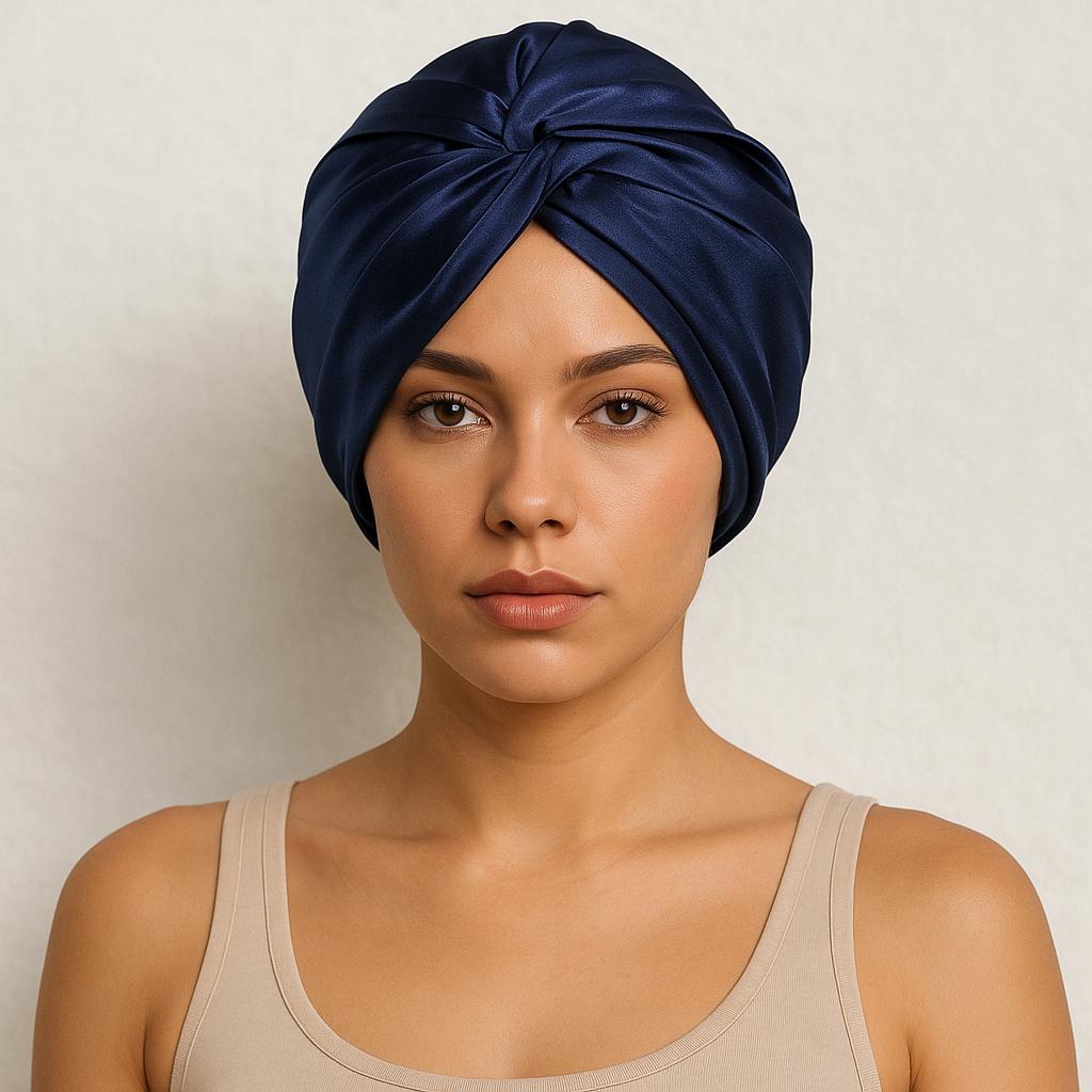 Une femme porte le Bonnet de Nuit en Satin Bleu Nuit