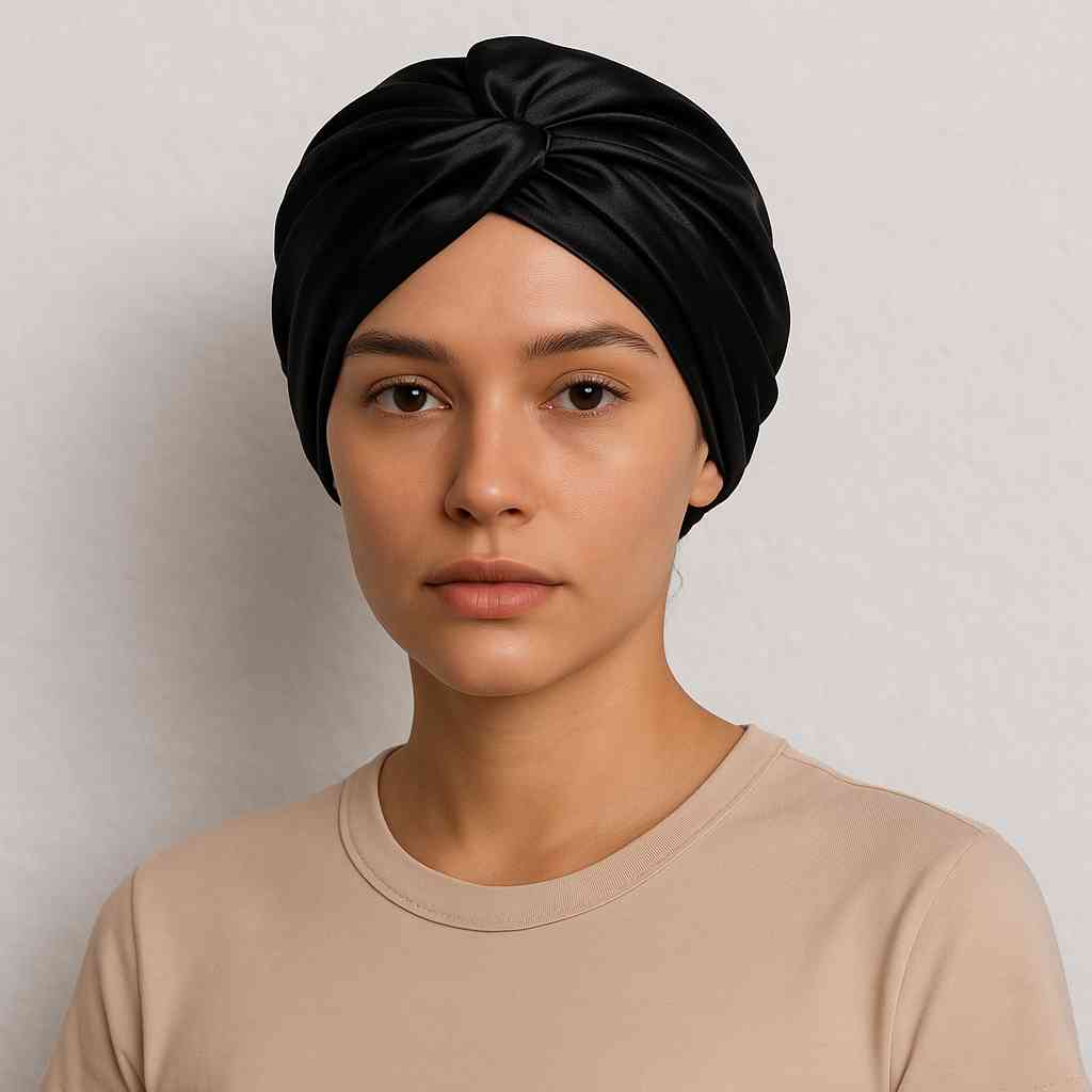 Une femme porte le Bonnet de Nuit en Satin Noir