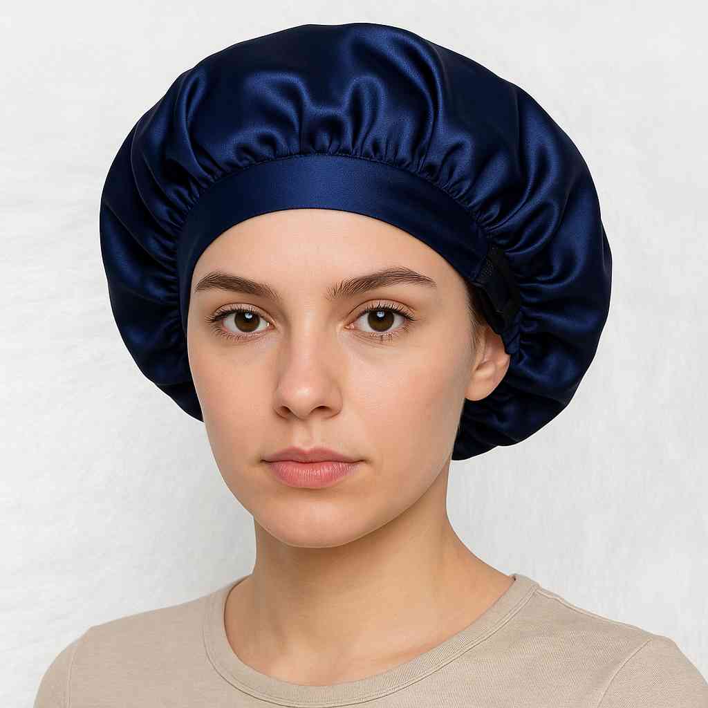 Une femme porte le Bonnet en Satin Bleu Nuit Réglable