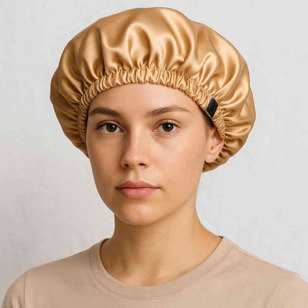 Une femme porte le Bonnet en Satin Gold Réglable