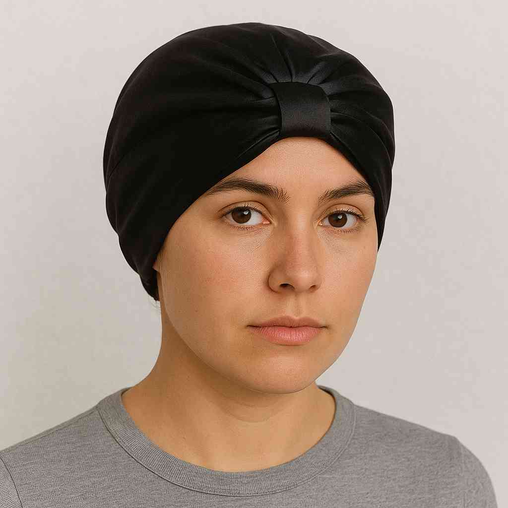 Une femme porte le Bonnet en Satin Noir Papillon