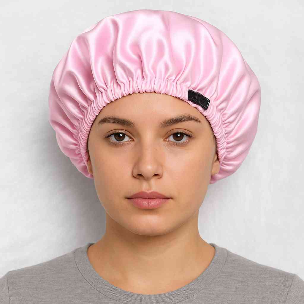 Une femme porte le Bonnet en Satin Rose Pale Réglable
