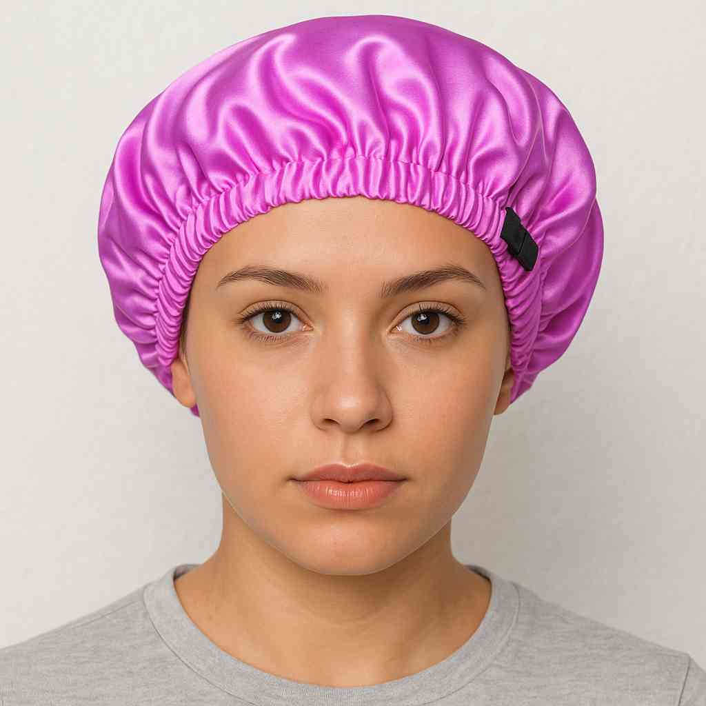 Une femme porte le Bonnet en Satin Rose Réglable
