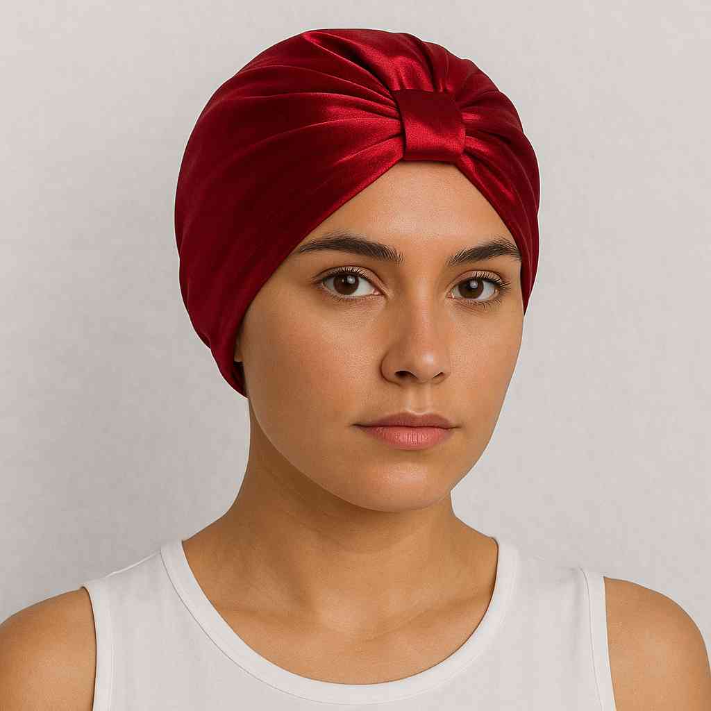 Une femme porte le Bonnet en Satin Rouge Papillon